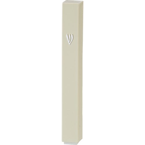 Beige Plastic Mezuzah Case, Silver Shin - Option for 10 cm or 12 cm Scroll