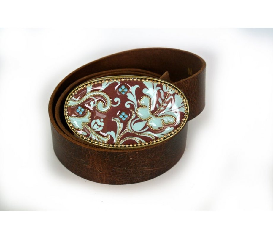 Belt with Maroon and Blue Paisley Buckle by Iris Design