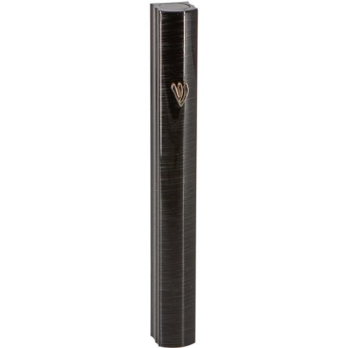 Black Aluminum Mezuzah Case with gray pinstripes - Silver Shin Letter