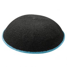 Black DMC Knitted Kippah with Light Blue Border