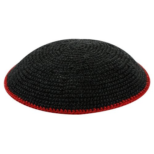 Black DMC Knitted Kippah with Red Border - Smaller Sizes