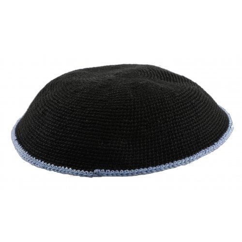 Black DMC Knitted Kippah with Thin Blue Border Stripe