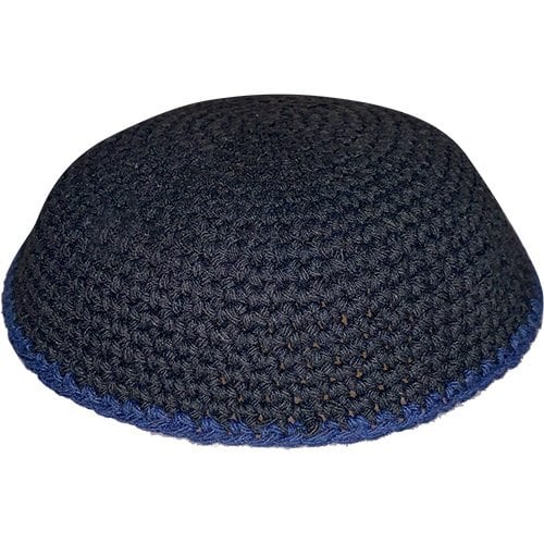 Black DMC Knitted Kippah with Thin Blue Border Stripe