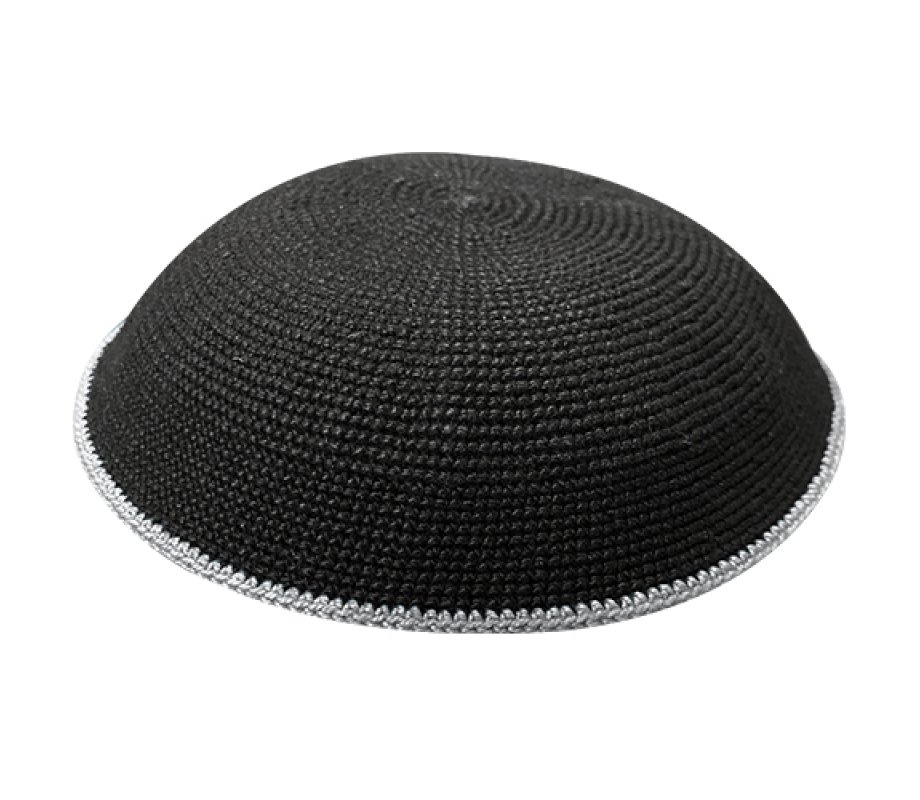 Black DMC Knitted Kippah with Thin Gray Border Stripe