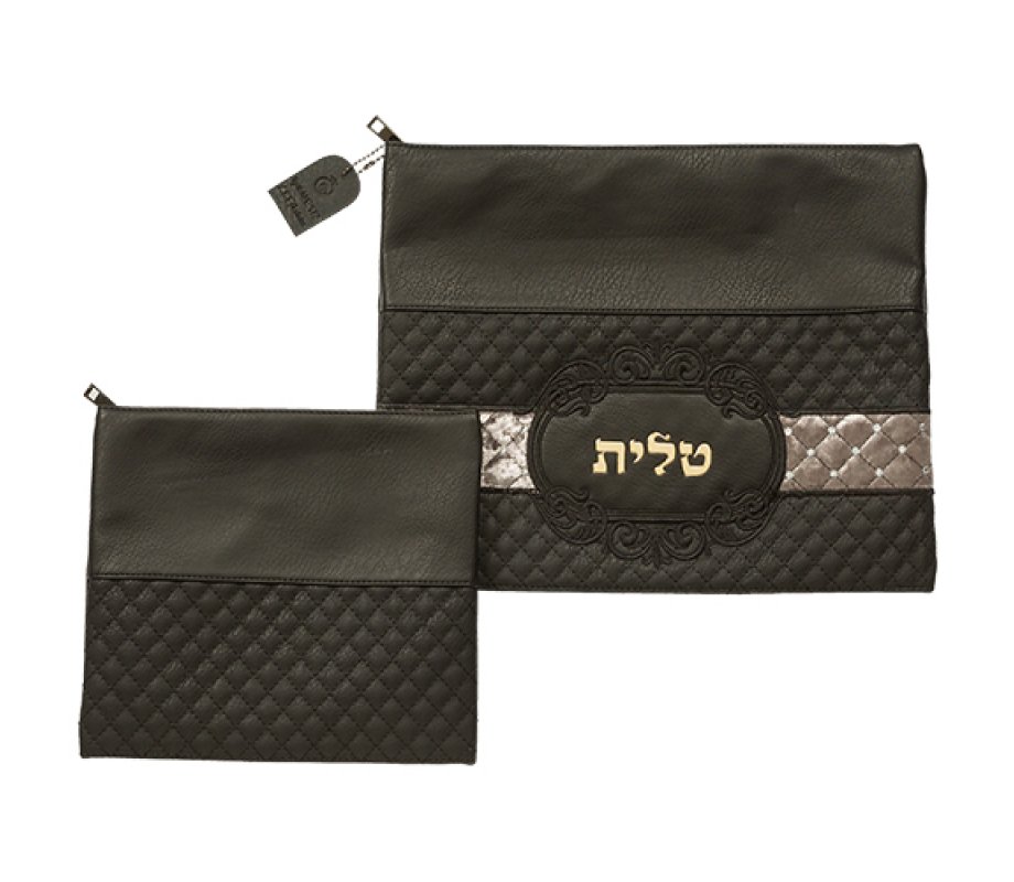 Black Faux Leather Tallit & Tefillin Bag Set, Diamond Design & Gold Embossed