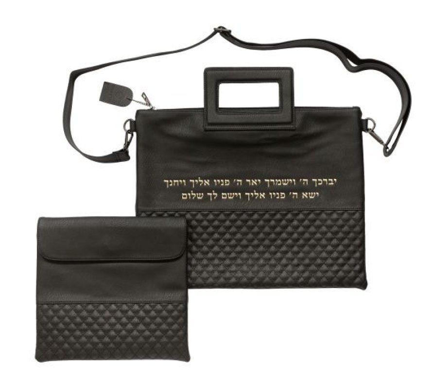 Black Faux Leather Tallit & Tefillin Bag, Shoulder Strap – Kohen Blessing Words in Gold