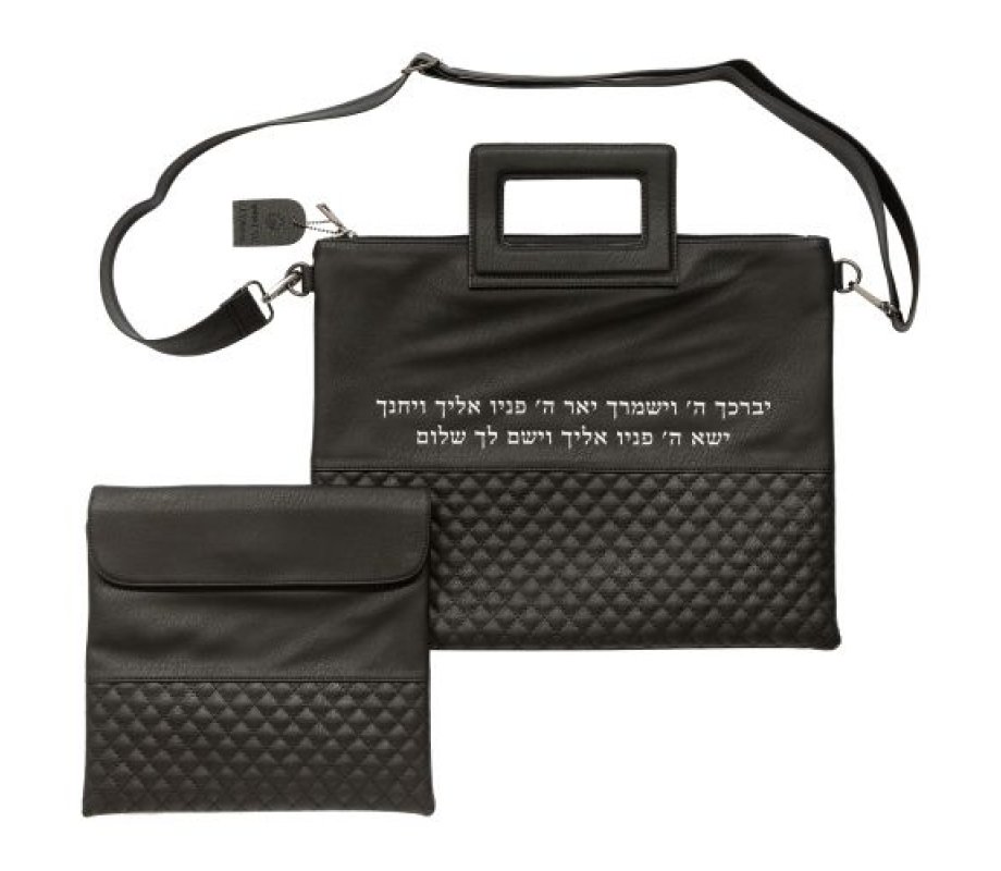Black Faux Leather Tallit & Tefillin Bag, Shoulder Strap – Kohen Blessing Words in Silver