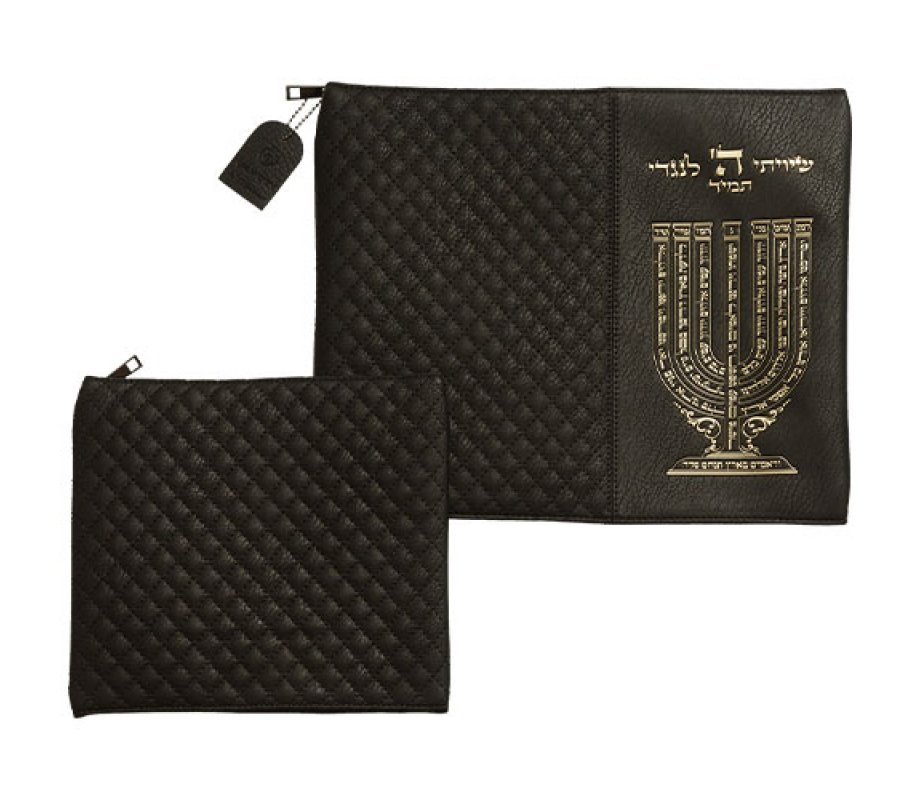 Black Faux Leather Tallit & Tefillin Bags – Shiviti , Menorah Image and Psalm 67