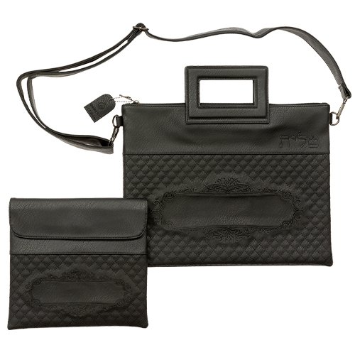 Black Faux Leather Tallit and Tefillin Bag  Embossed Design