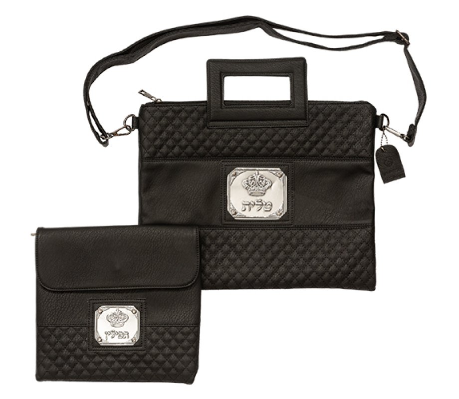 Black Faux Leather Tallit and Tefillin Bag Set, Shoulder Strap and Decorative Plaque