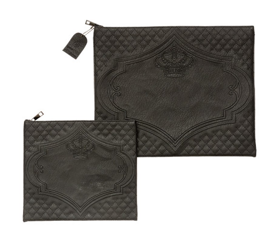 Black Faux Leather Tallit and Tefillin Bag Set with Ornate Crown in Frame