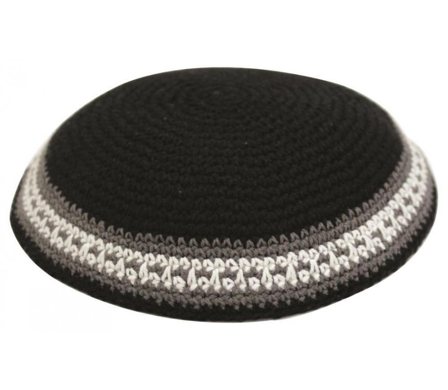Black Knitted Kippah with Brown and White Border Stripes
