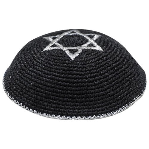 Black Knitted Kippah with Silver Star of David and Border