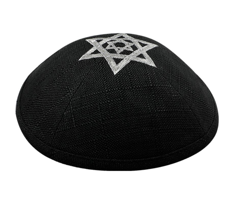 Black Linen Fabric Kippah Yarmulke with Silver Double Star of David on Crown
