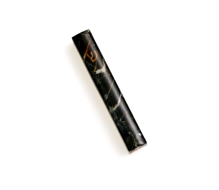 Black Metal Mezuzah Case, Gray Marble Design - Gold Shin