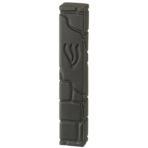 Black Polyresin Mezuzah Case, Western Wall Brick Design with Engraved Black Shin