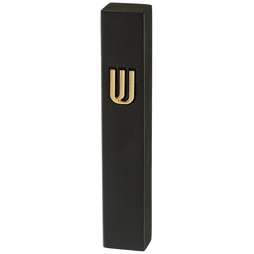 Black Polyresin Mezuzah Case with Stone Effect, Gold Shin - For Scroll 12 cm