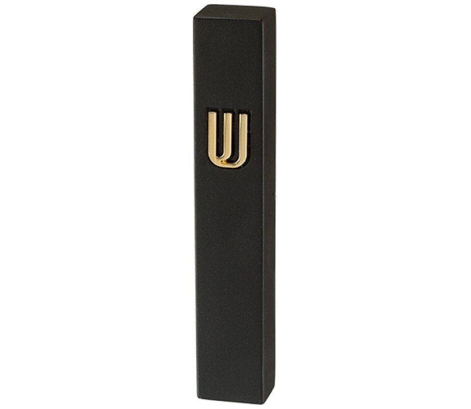 Black Polyresin Mezuzah Case with Stone Effect, Gold Shin - For Scroll 12 cm