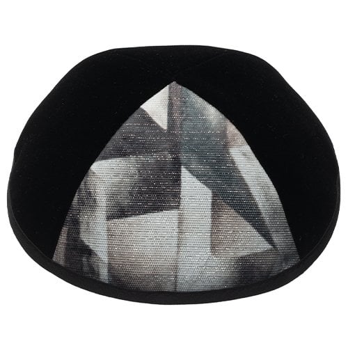 Black Velvet Kippah with Geometric Design Panel