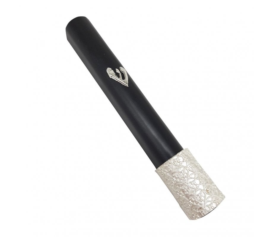 Black Wood Mezuzah Case with Sterling Silver Shin and Filigree Design at Base