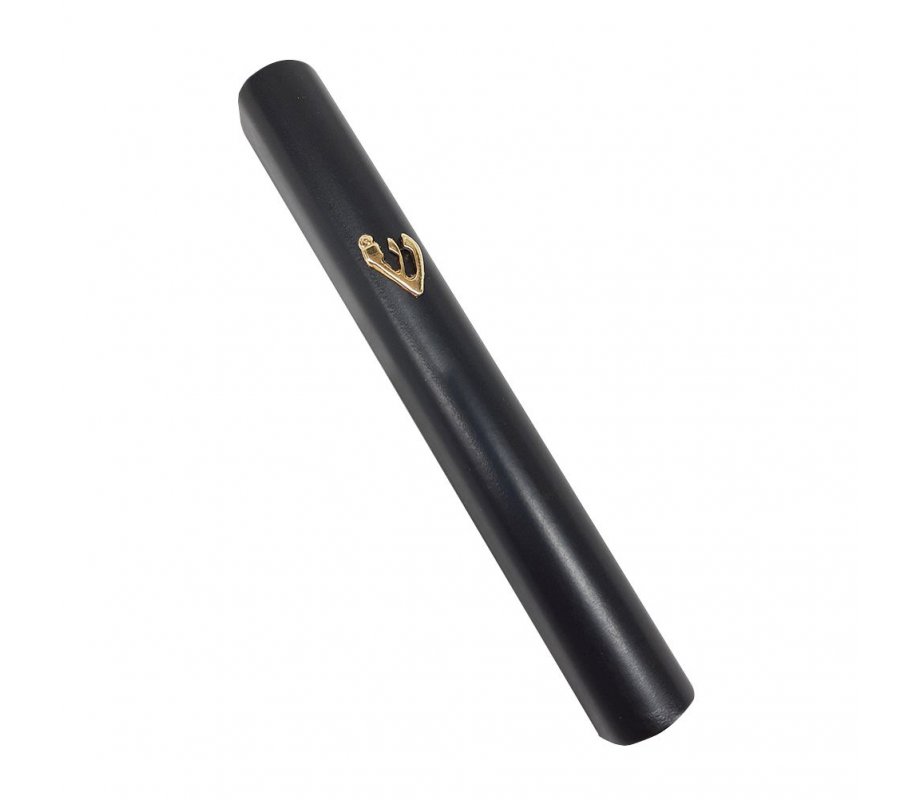 Black Wood Rounded Mezuzah Case, 24k Gold Plated Shin Letter