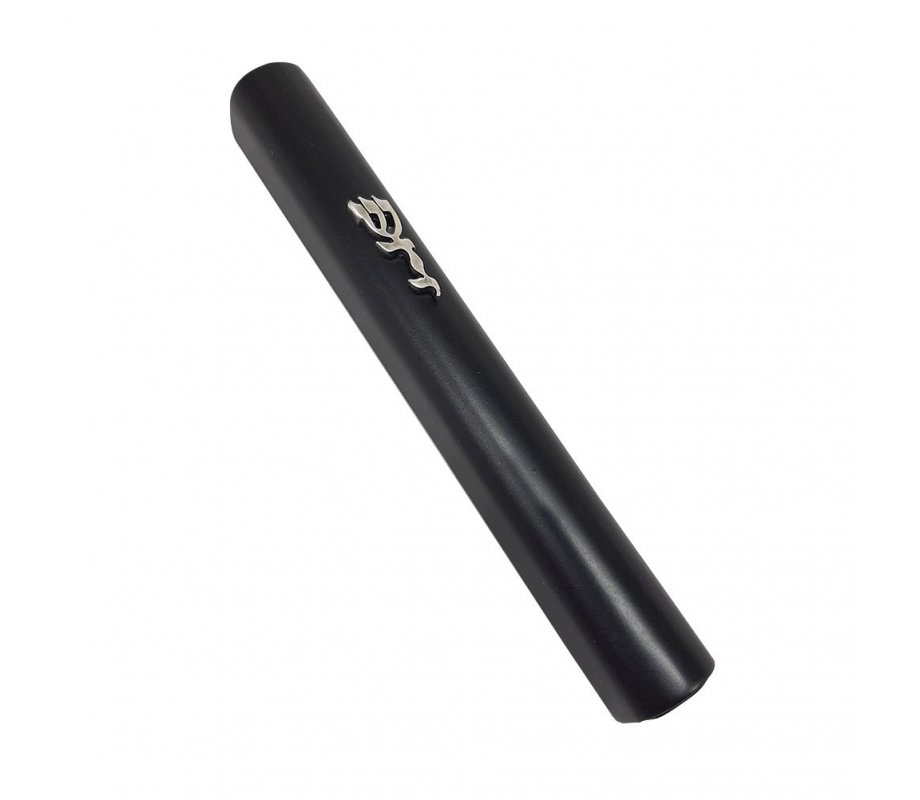 Black Wood Rounded Mezuzah Case, Divine Name Letters in Silver Pewter