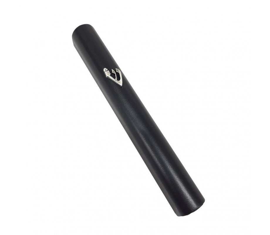Black Wood Rounded Mezuzah Case, Silver Pewter Classic Shin Letter