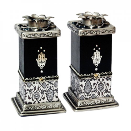 Black-White Hamsa Candlesticks by Ester Shahaf - 1 pair in stock