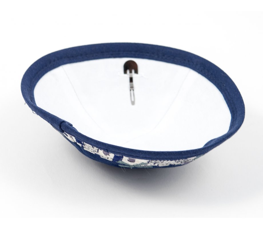 Blue Cloth Kippah with Attached Clip and Embroidered Jerusalem Design