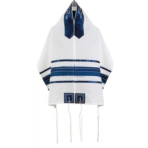 Blue Embroidered Stripe and White Tallit Set by Ronit Gur