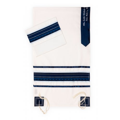 Blue Embroidered Stripe and White Tallit Set by Ronit Gur