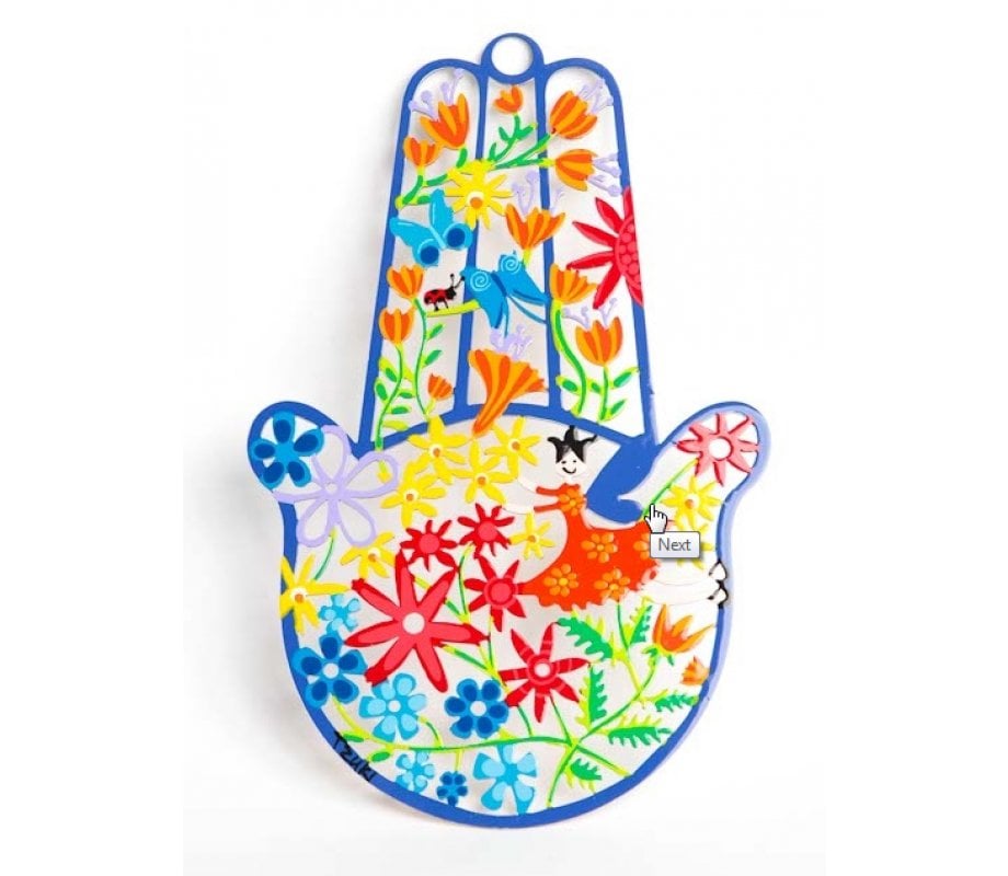 blue hamsa hand with flowers by tzuki art ajudaica com