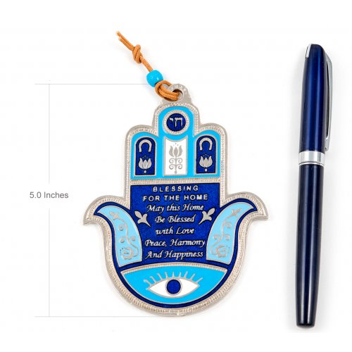 Blue Hamsa Wall Decoration with Good Luck Symbols and Home Blessing - English