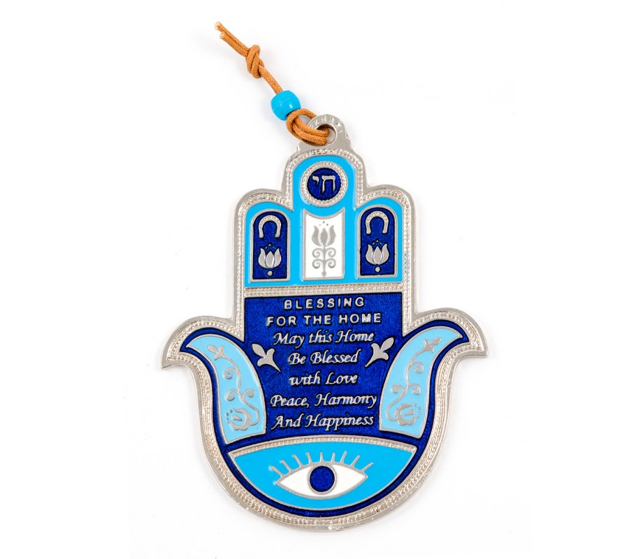 Blue Hamsa Wall Decoration with Good Luck Symbols and Home Blessing - English