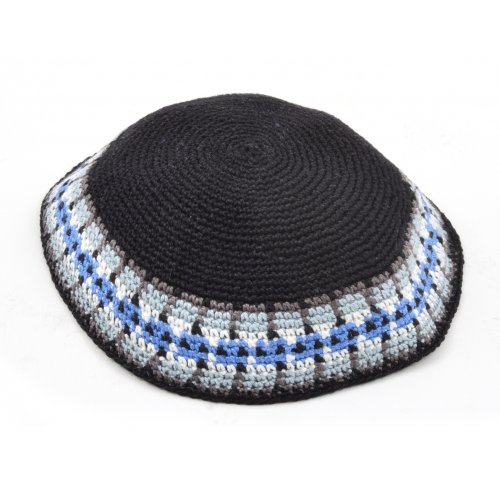 Blue Hand Knitted Premium DMC Cotton Kippah - White and Blue Border