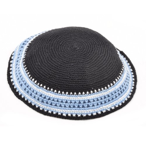 Blue Hand Knitted Premium DMC Cotton Kippah - White and Light Blue Border