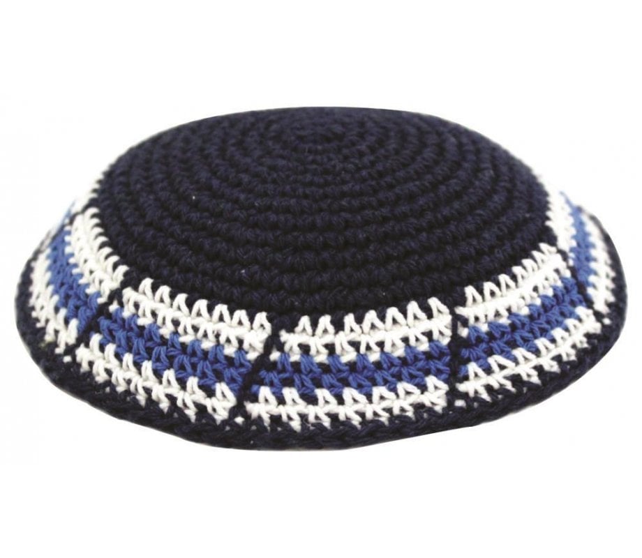 Blue Knitted Kippah with Blue-White Border Design