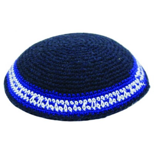 Blue Knitted Kippah with Contrasting Blue and White Stripes