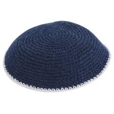 Blue Knitted Kippah with White Border