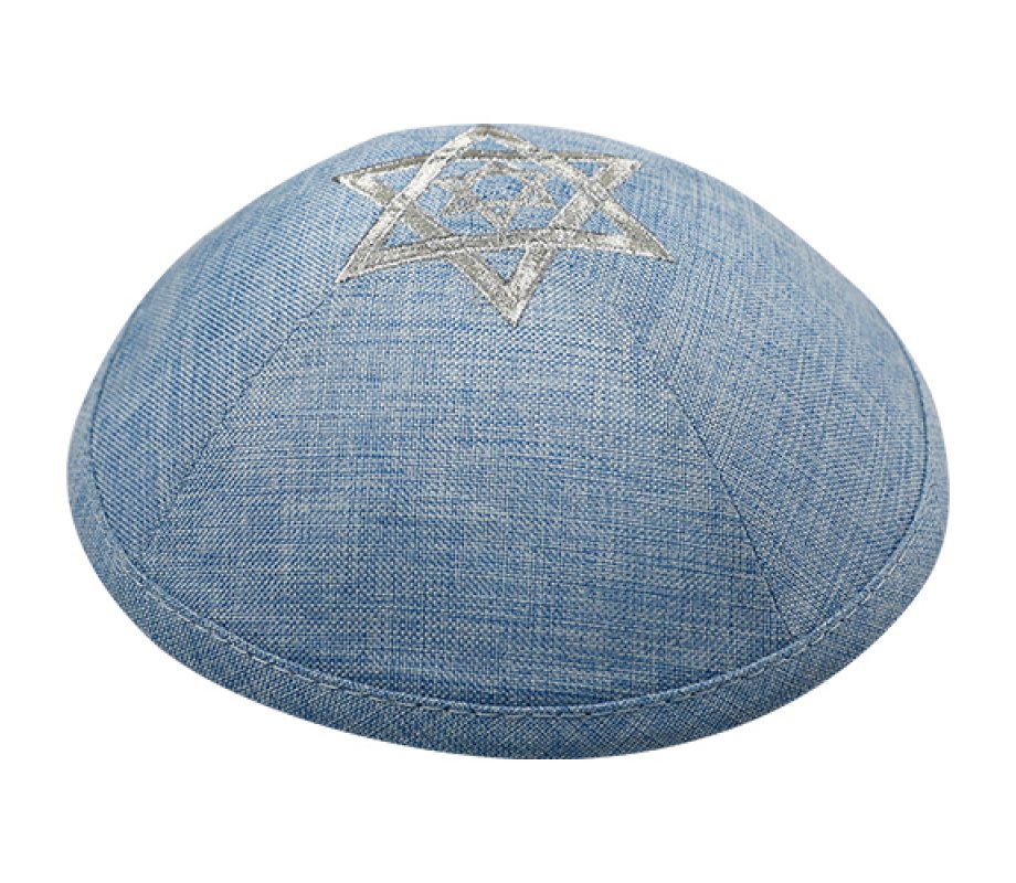 Blue Linen Fabric Kippah Yarmulke with Silver Double Star of David on Crown