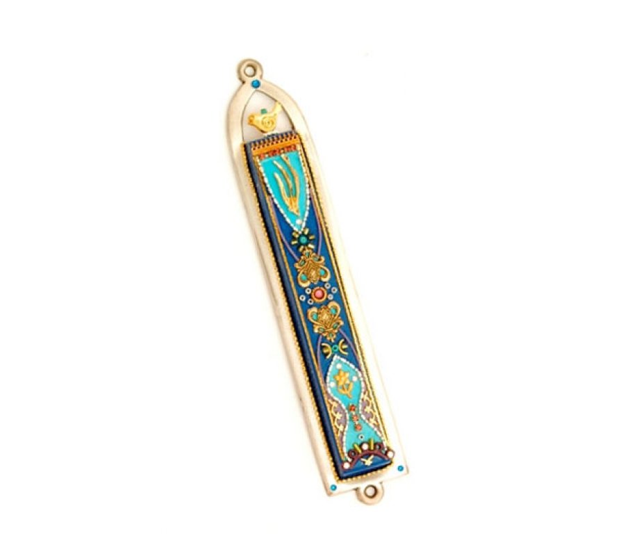 Blue Oriental Design Pewter Mezuzah by Ester Shahaf