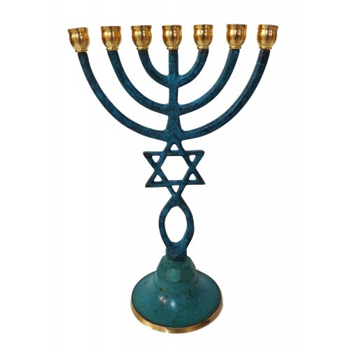 Blue Patina Seven Branch menorah with Star of David and Grafted In Symbol - 9