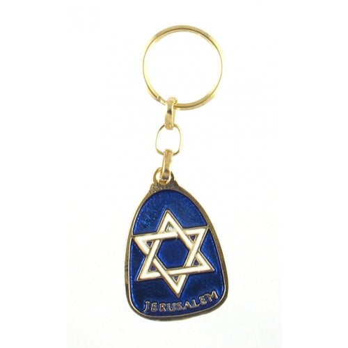 Blue and Silver Pear Shaped Keychain, Star of David - Engraved Jerusalem