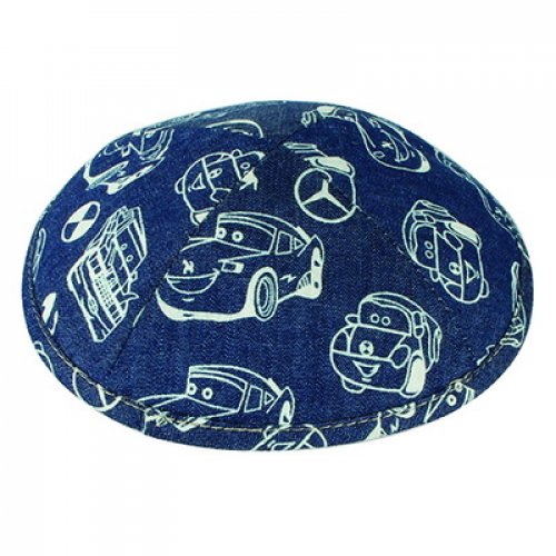 Blue and White Cotton Fabric Kippah with Car print