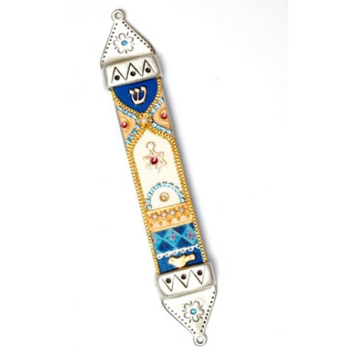 Blue-Gold Pewter Mezuzah Case by Ester Shahaf