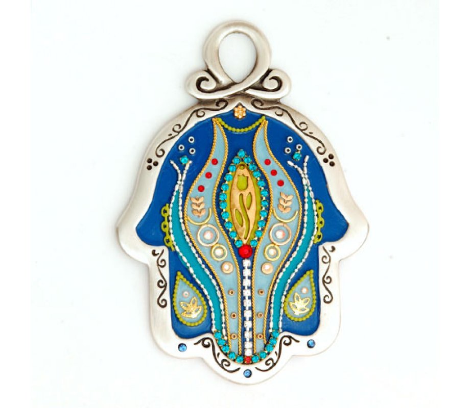 Blue-Gray Flower Design Wall Hamsa by Ester Shahaf