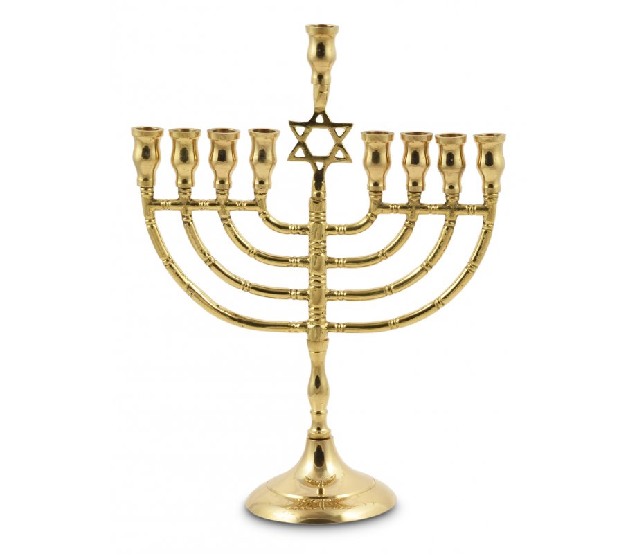 Brass Metal Chanukah Menorah with Star of David, for Candles - 10 Inches