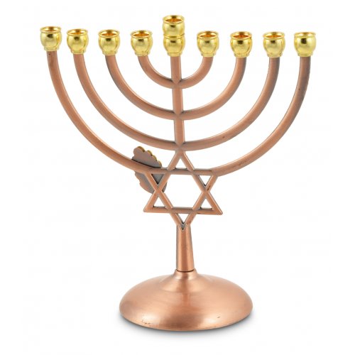 Bronze Color Chanukah Menorah with Star of David and Leaf Design - 7 Inches