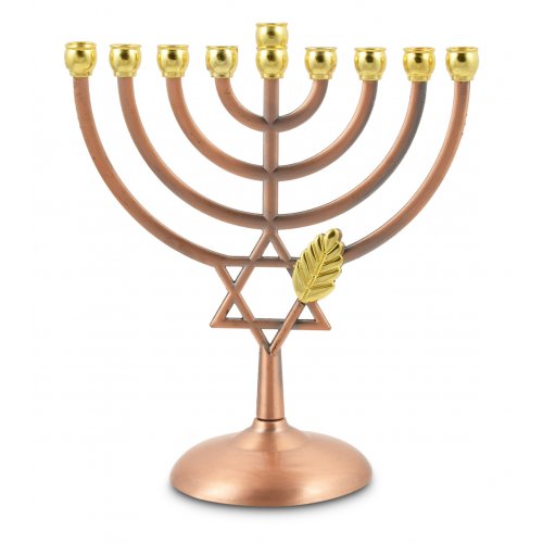 Bronze Color Chanukah Menorah with Star of David and Leaf Design - 7 Inches