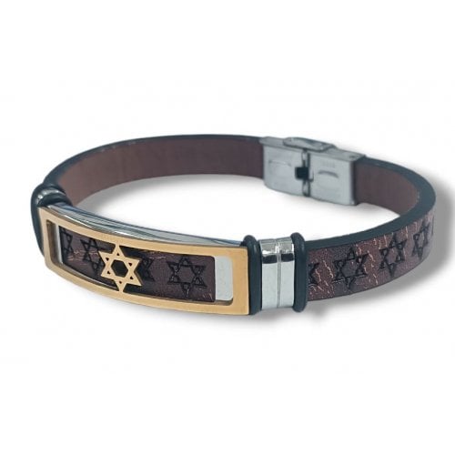 Brown Leather Bracelet, Stars of David - Center Plaque with Gold Star of David